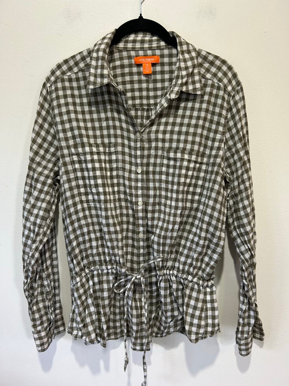 Joe Fresh green white checkered button down shirt size L cotton tie